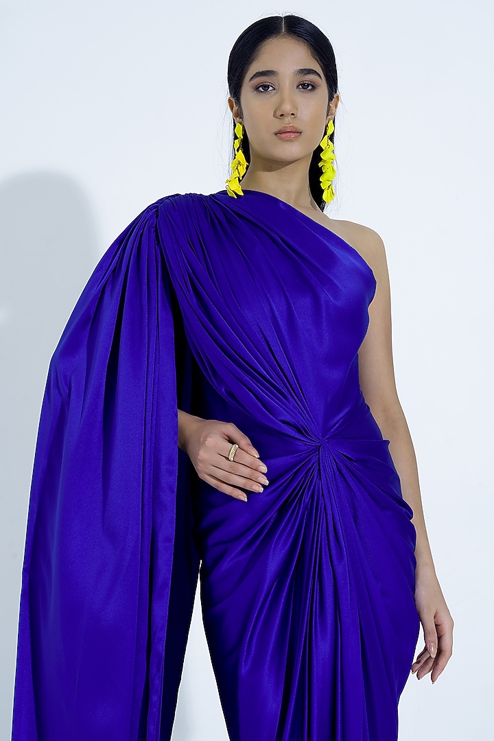Royal Blue Satin Asymmetrical Draped Gown by NA-KA at Pernia's Pop Up Shop
