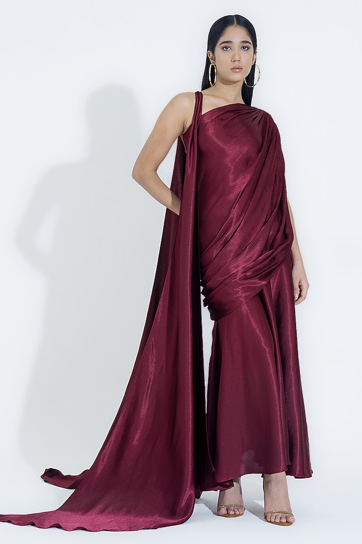 Maroon Silk Fluid Skirt Set by NA-KA at Pernia's Pop Up Shop
