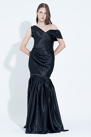 Black Silk Pleated One-Shoulder Gown by NA-KA