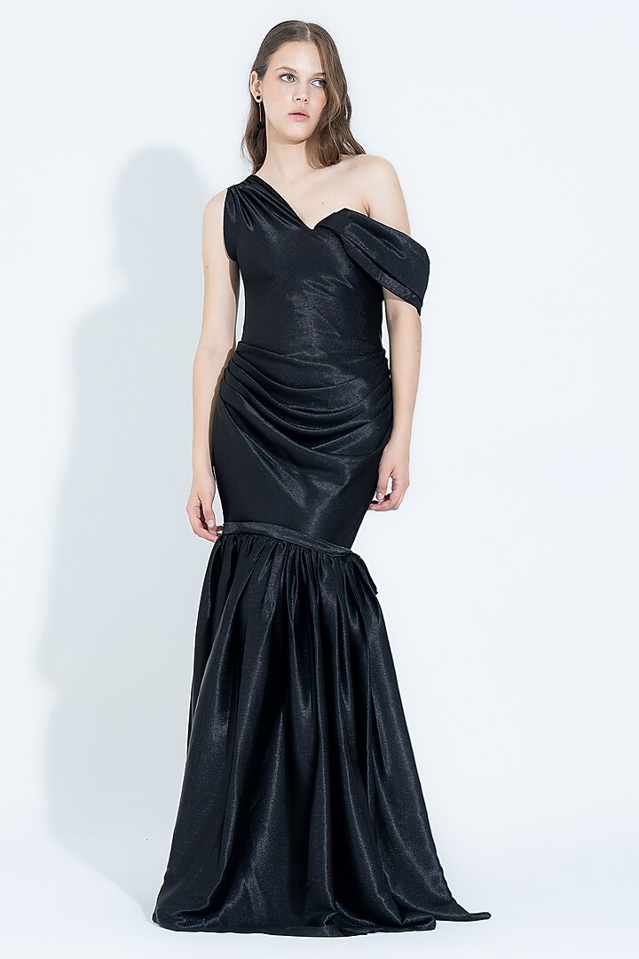 Black Silk Pleated One-Shoulder Party Wear Gown by NA-KA at Pernia's Pop Up Shop