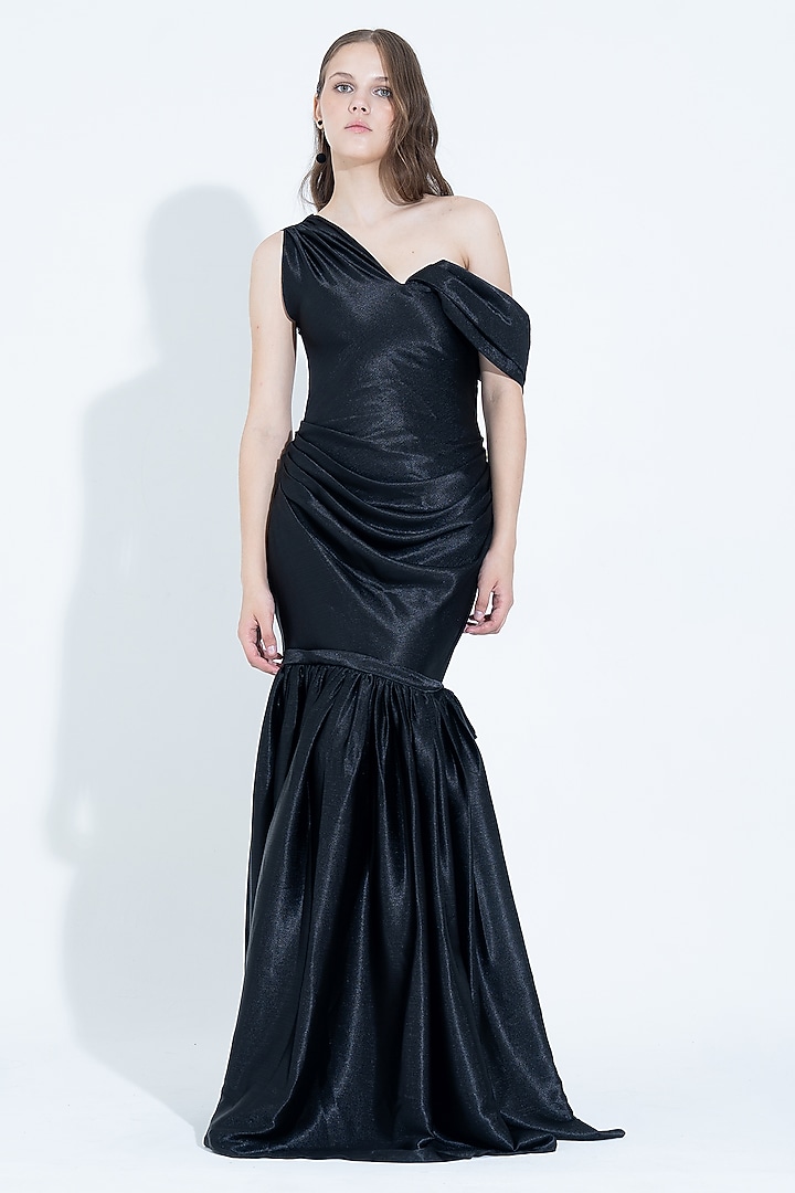 Black Silk Pleated One-Shoulder Party Wear Gown by NA-KA at Pernia's Pop Up Shop