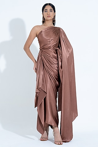 Brown Silk Pleated One-Shoulder Gown by NA-KA