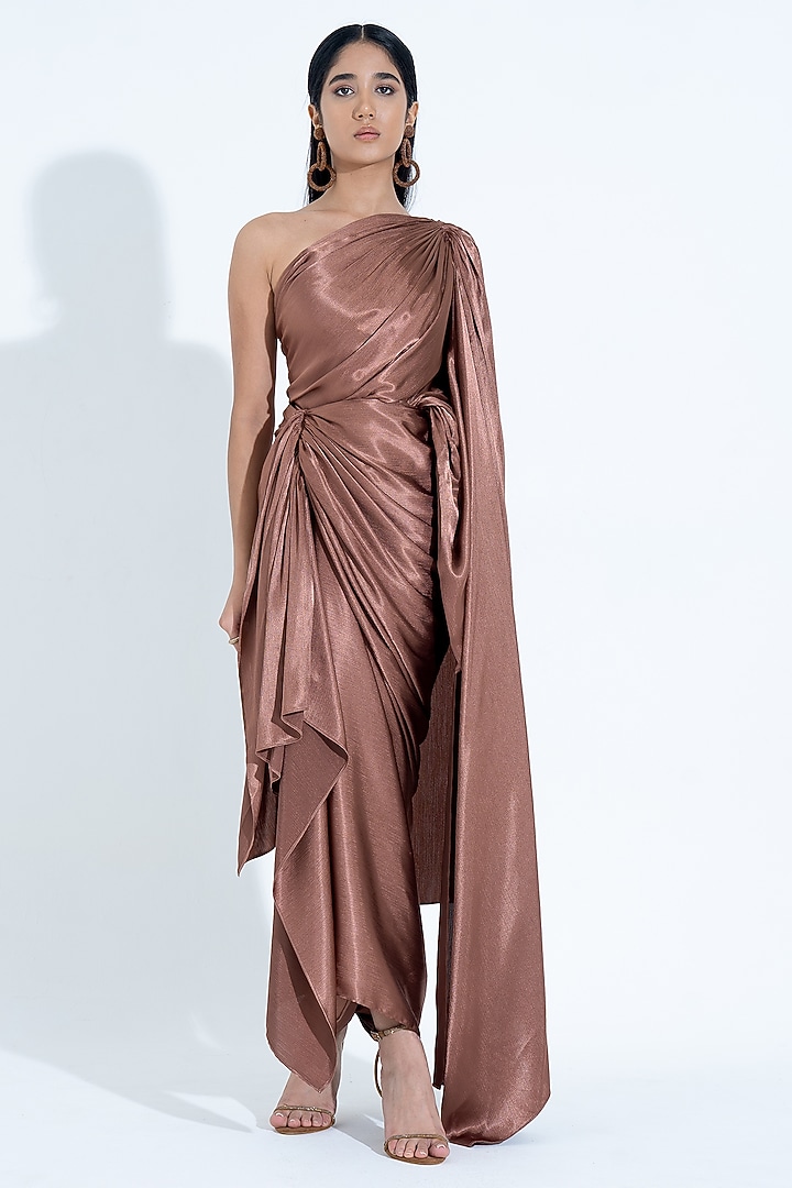 Brown Silk Pleated One-Shoulder Gown by NA-KA at Pernia's Pop Up Shop