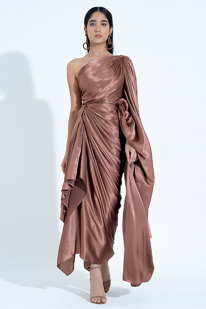 Brown Silk Pleated One-Shoulder Gown by NA-KA at Pernia's Pop Up Shop