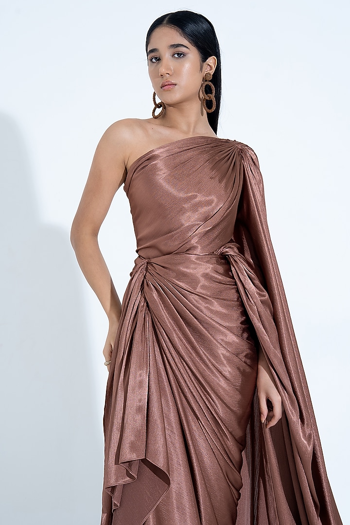 Brown Silk Pleated One-Shoulder Gown by NA-KA at Pernia's Pop Up Shop