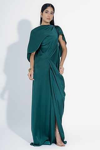 Sea Green Satin Asymmetrical Draped Gown by NA-KA