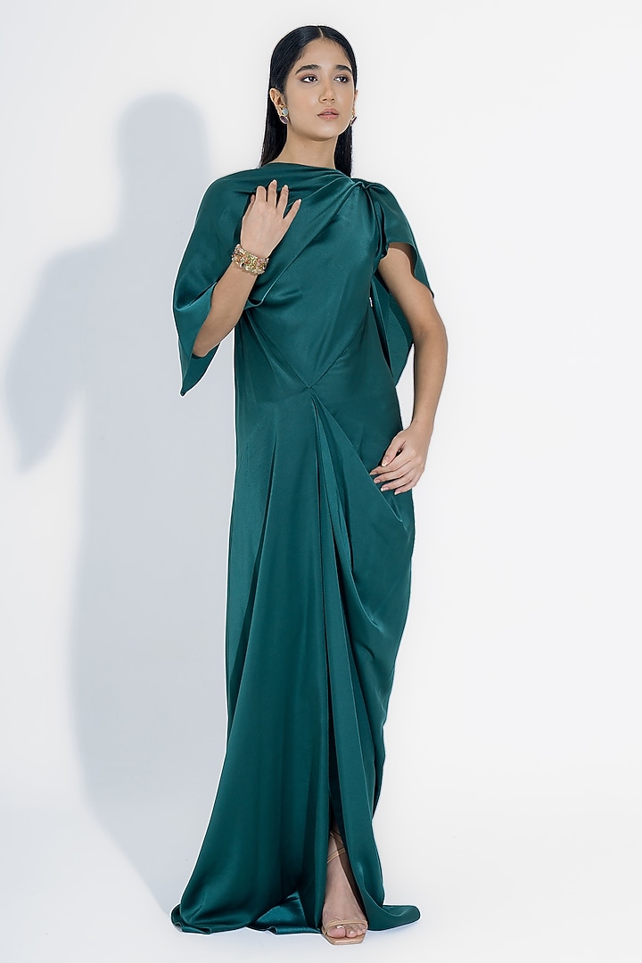 Sea Green Satin Asymmetrical Draped Gown by NA-KA at Pernia's Pop Up Shop
