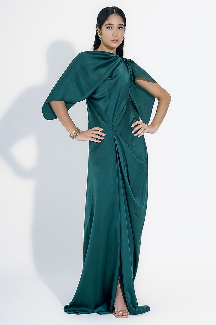 Sea Green Satin Asymmetrical Draped Gown by NA-KA at Pernia's Pop Up Shop