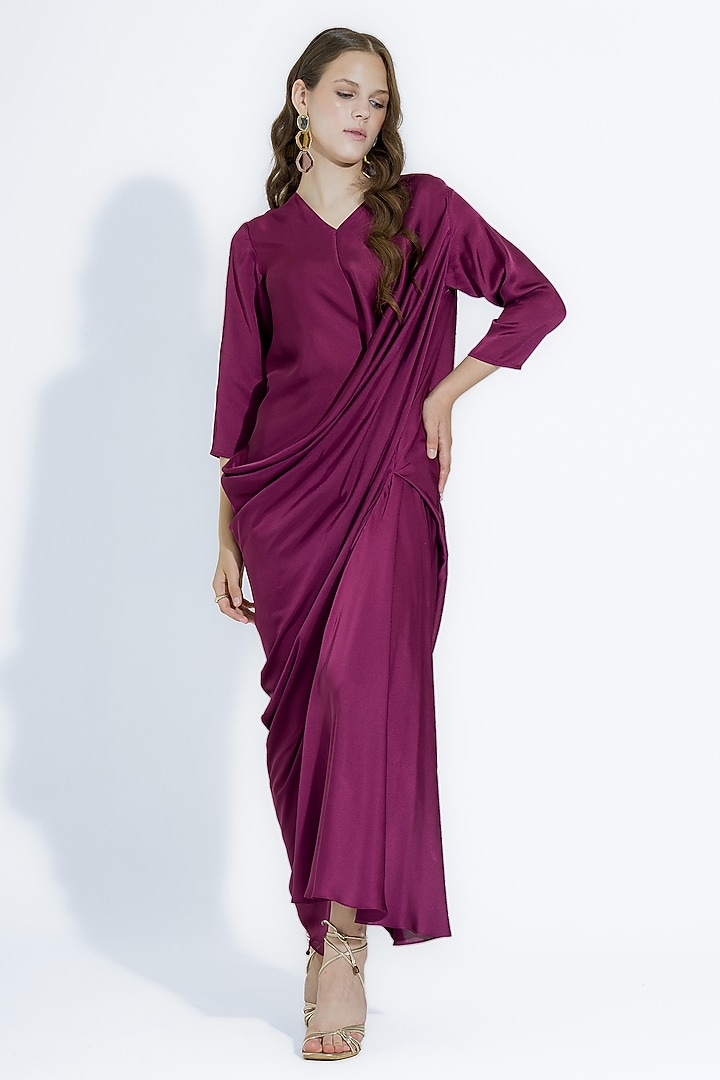 Wine Satin Overlap Draped Gown by NA-KA at Pernia's Pop Up Shop