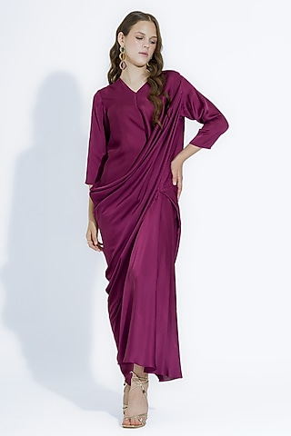 Wine Satin Overlap Draped Gown by NA-KA