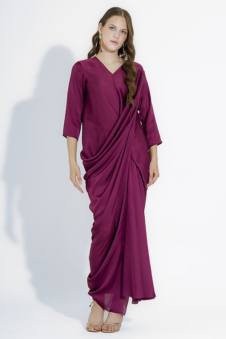 Wine Satin Overlap Draped Gown by NA-KA at Pernia's Pop Up Shop