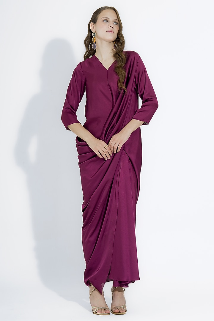 Wine Satin Overlap Draped Gown by NA-KA at Pernia's Pop Up Shop