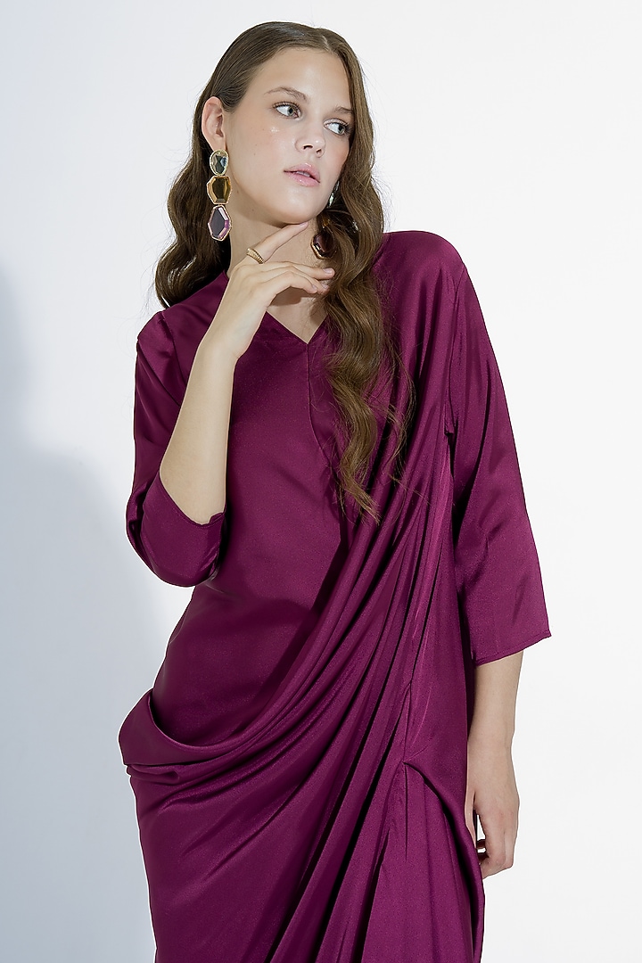 Wine Satin Overlap Draped Gown by NA-KA at Pernia's Pop Up Shop