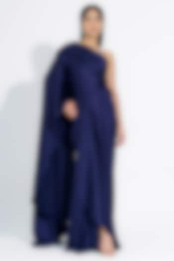Navy Blue Satin Asymmetrical One-Shoulder Gown by NA-KA at Pernia's Pop Up Shop