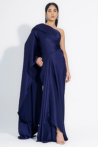 Navy Blue Satin Asymmetrical One-Shoulder Gown by NA-KA