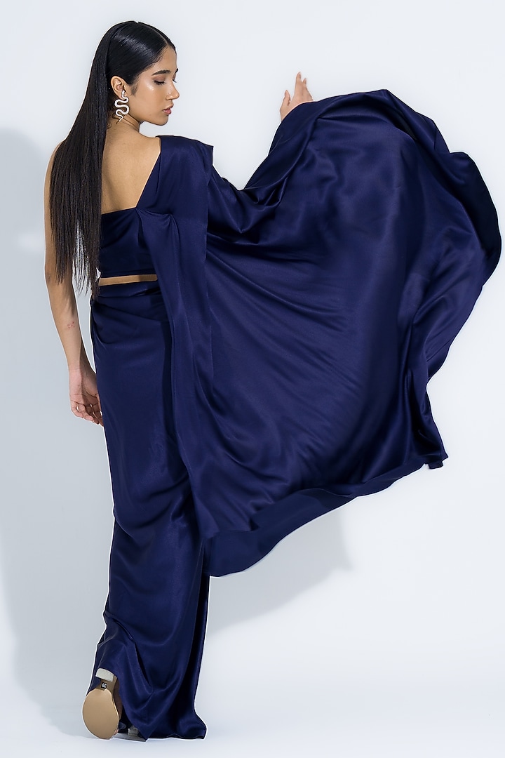 Navy Blue Satin Asymmetrical One-Shoulder Gown by NA-KA at Pernia's Pop Up Shop