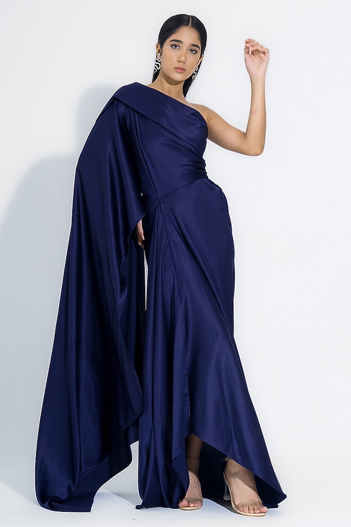 Navy Blue Satin Asymmetrical One-Shoulder Gown by NA-KA at Pernia's Pop Up Shop