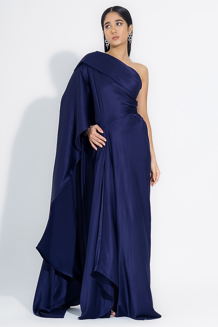 Navy Blue Satin Asymmetrical One-Shoulder Gown by NA-KA at Pernia's Pop Up Shop