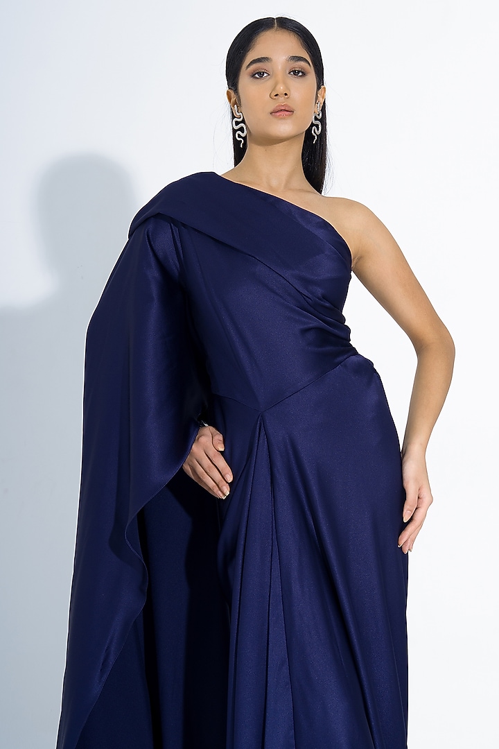 Navy Blue Satin Asymmetrical One-Shoulder Gown by NA-KA at Pernia's Pop Up Shop