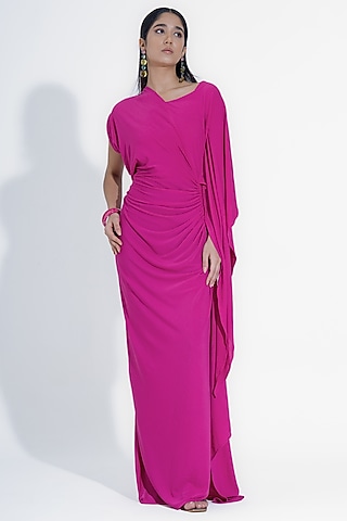 Hot Pink Stretch Moss Crepe Draped Gown by NA-KA
