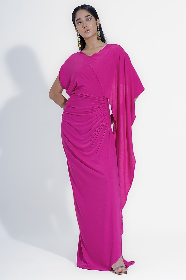 Hot Pink Stretch Moss Crepe Draped Gown by NA-KA at Pernia's Pop Up Shop