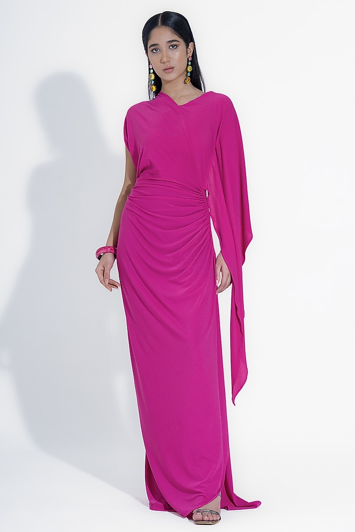 Hot Pink Stretch Moss Crepe Draped Gown by NA-KA at Pernia's Pop Up Shop
