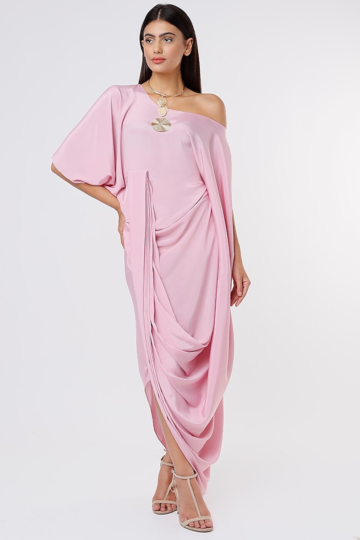 Baby Pink Crepe Draped Gown by NA-KA