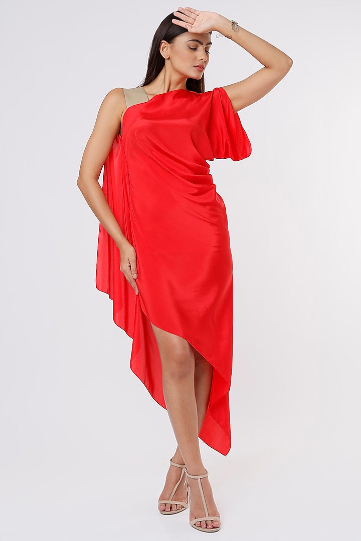 Red Crepe Draped Dress by NA-KA