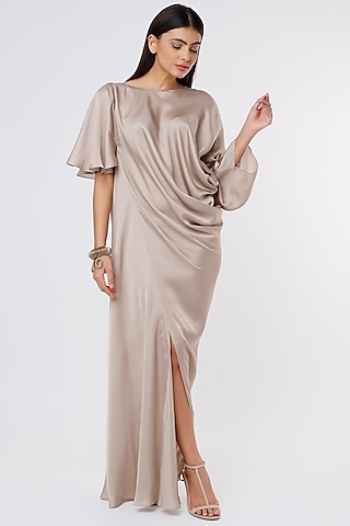 Champagne Silk Satin Draped Gown by NA-KA