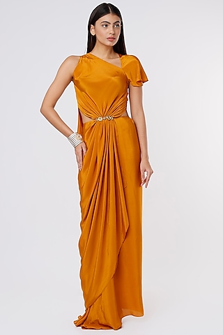 Mustard Crepe Draped Gown by NA-KA
