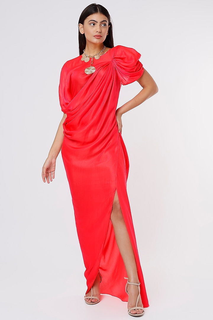 Coral Silk Satin Draped Gown by NA-KA at Pernia's Pop Up Shop