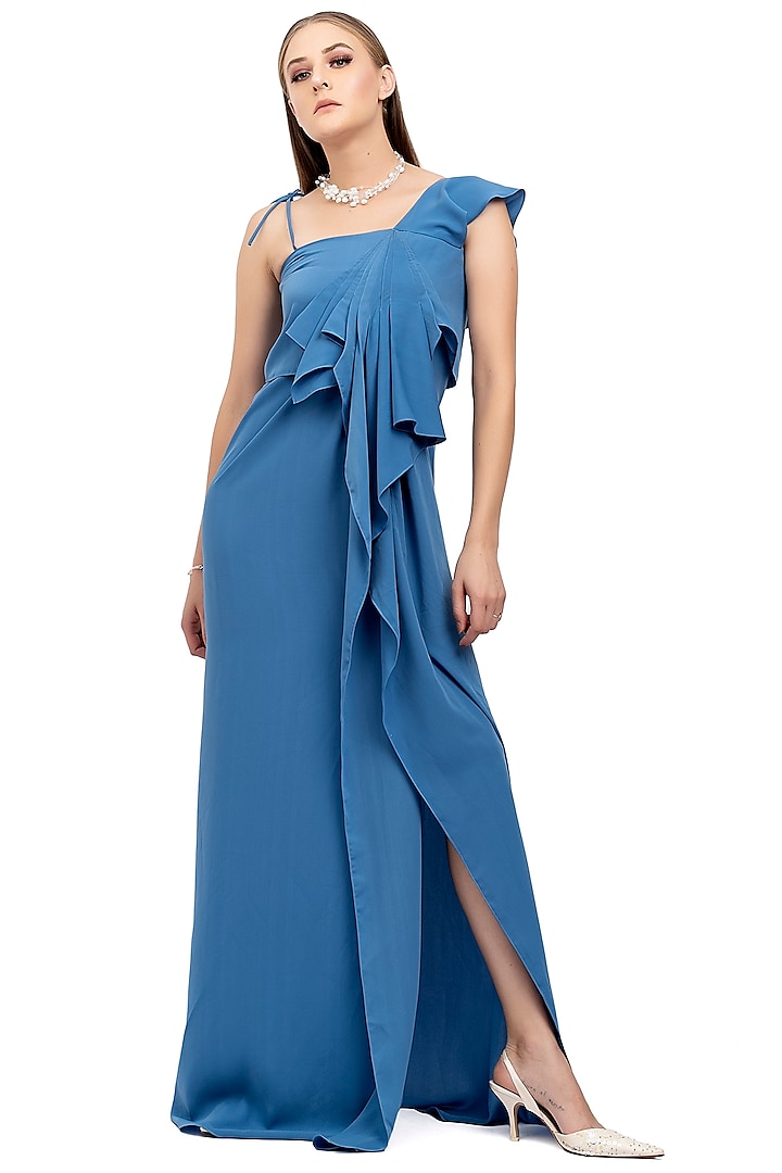 Cobalt Blue Pleated Gown by Na-ka