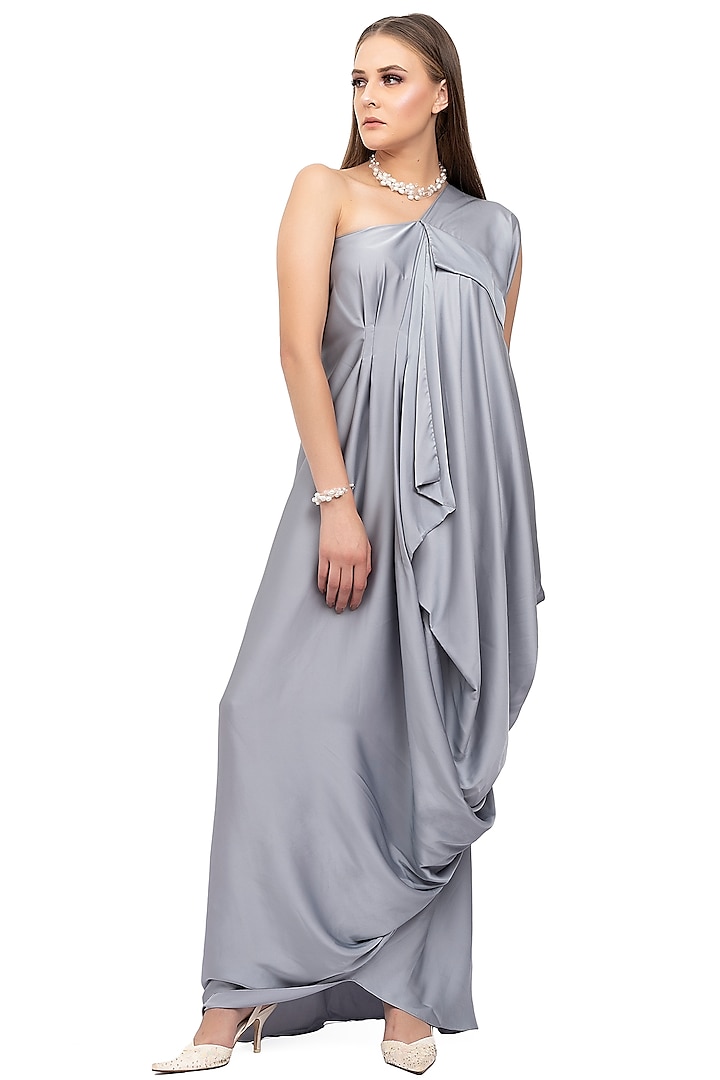 Grey Draped Gown With Waterfall Flap by Na-ka