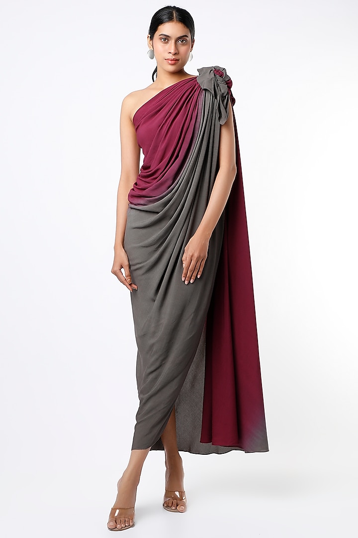 Wine & Grey Shaded Draped Dress by NA-KA