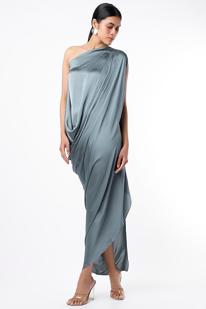 Petrol Blue One Shoulder Draped Dress by NA-KA