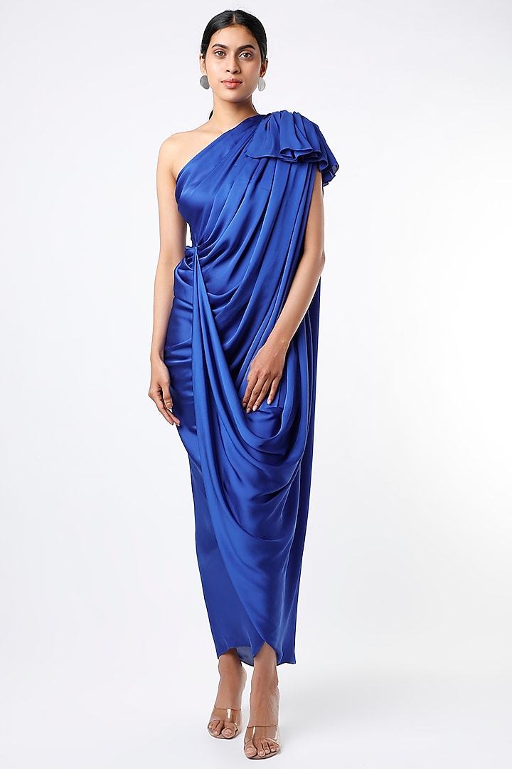 Cobalt Blue One Shoulder Draped Dress by NA-KA