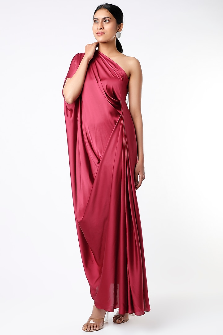 Maroon One Shoulder Pleated Dress by NA-KA at Pernia's Pop Up Shop