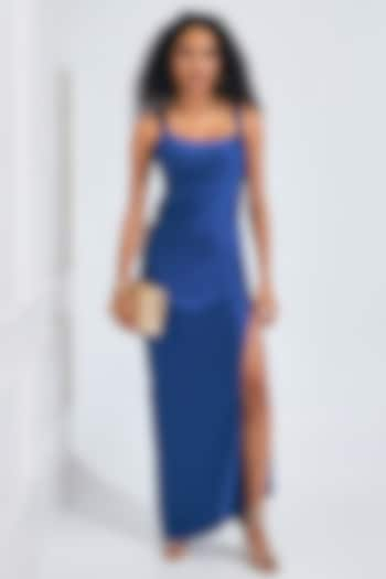 Cobalt Blue Satin High-Slit Draped Gown by NA-KA at Pernia's Pop Up Shop