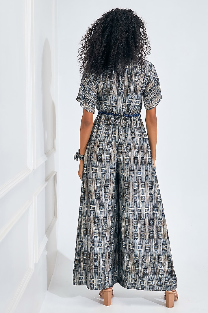 Blue & Beige Satin Digital Printed Jumpsuit by NA-KA at Pernia's Pop Up Shop