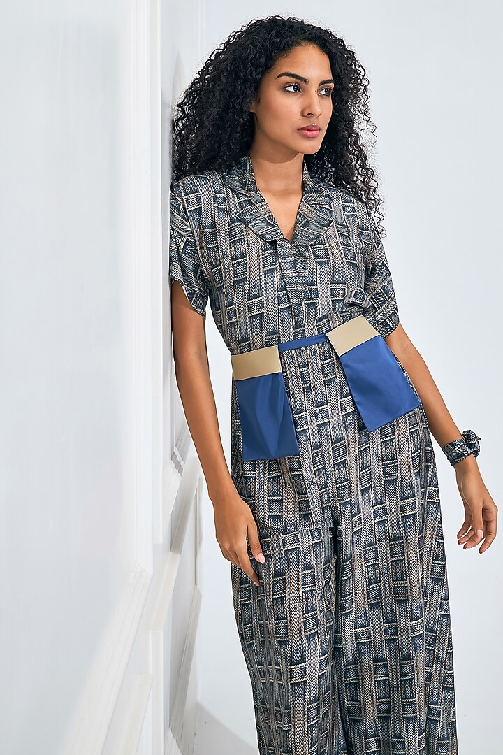 Blue & Beige Satin Digital Printed Jumpsuit by NA-KA at Pernia's Pop Up Shop