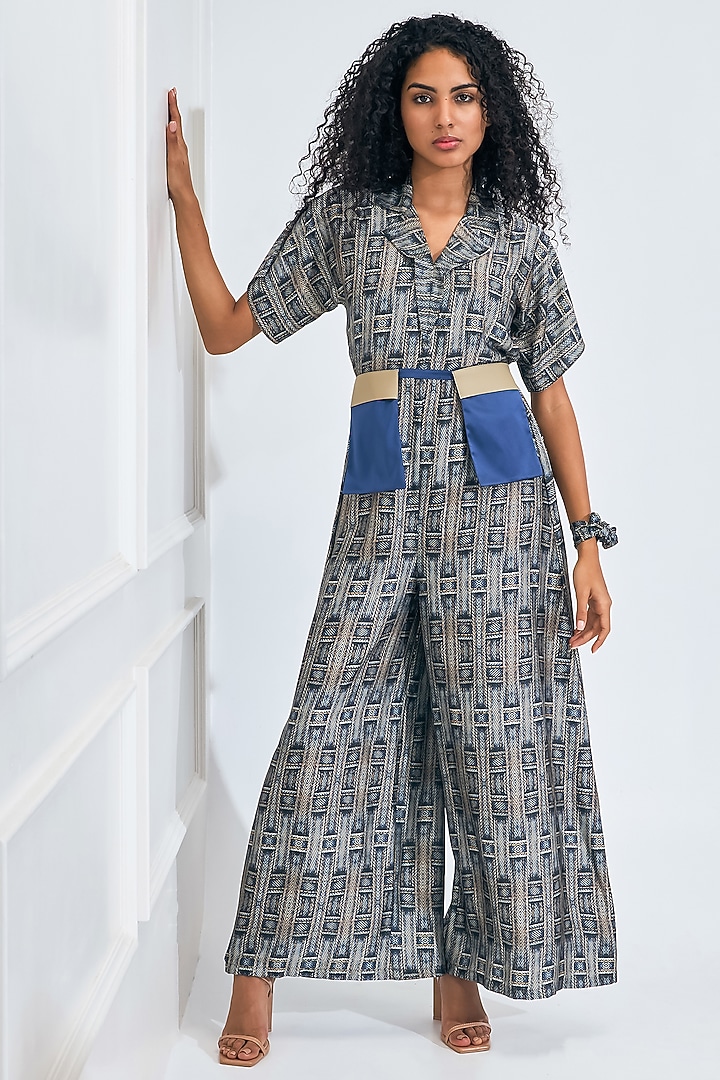 Blue & Beige Satin Digital Printed Jumpsuit by NA-KA at Pernia's Pop Up Shop