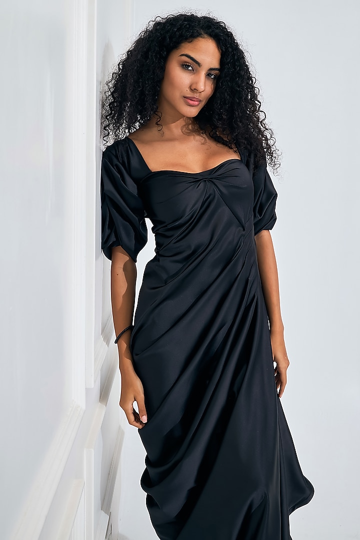 Black Satin High-Low Cowl Party Wear Gown by NA-KA at Pernia's Pop Up Shop