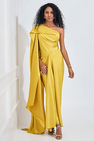 Electric Yellow Satin High-Low Draped Dress by NA-KA