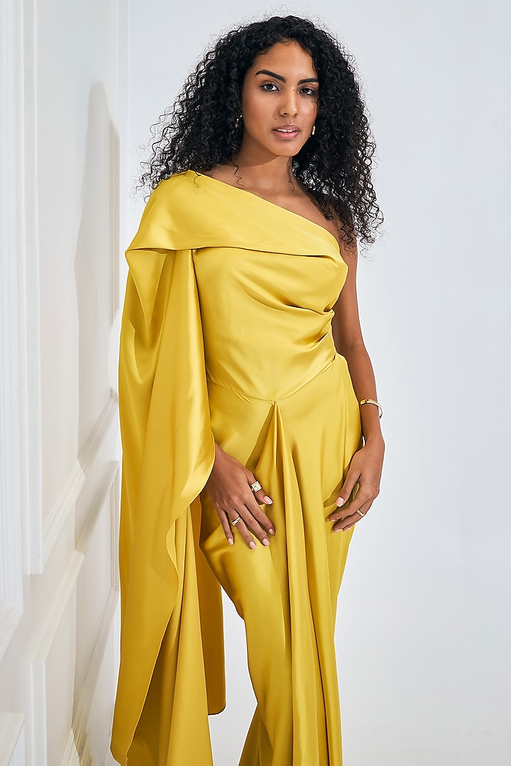 Electric Yellow Satin High-Low Draped Dress by NA-KA at