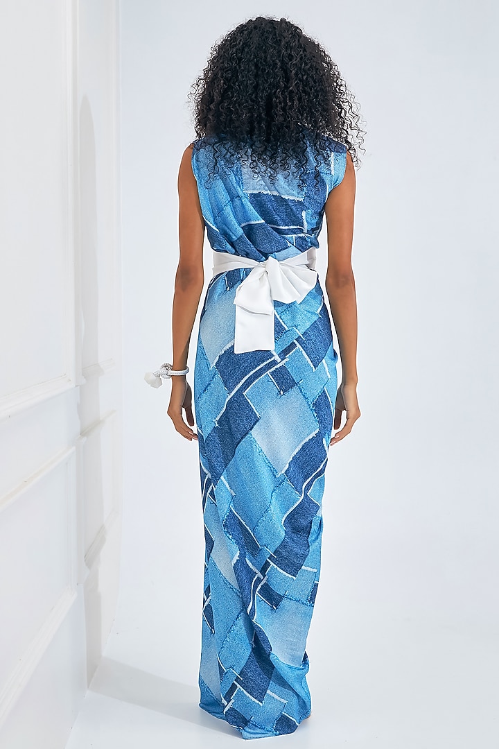 Blue & White Satin Digital Printed Draped Gown by NA-KA at Pernia's Pop Up Shop