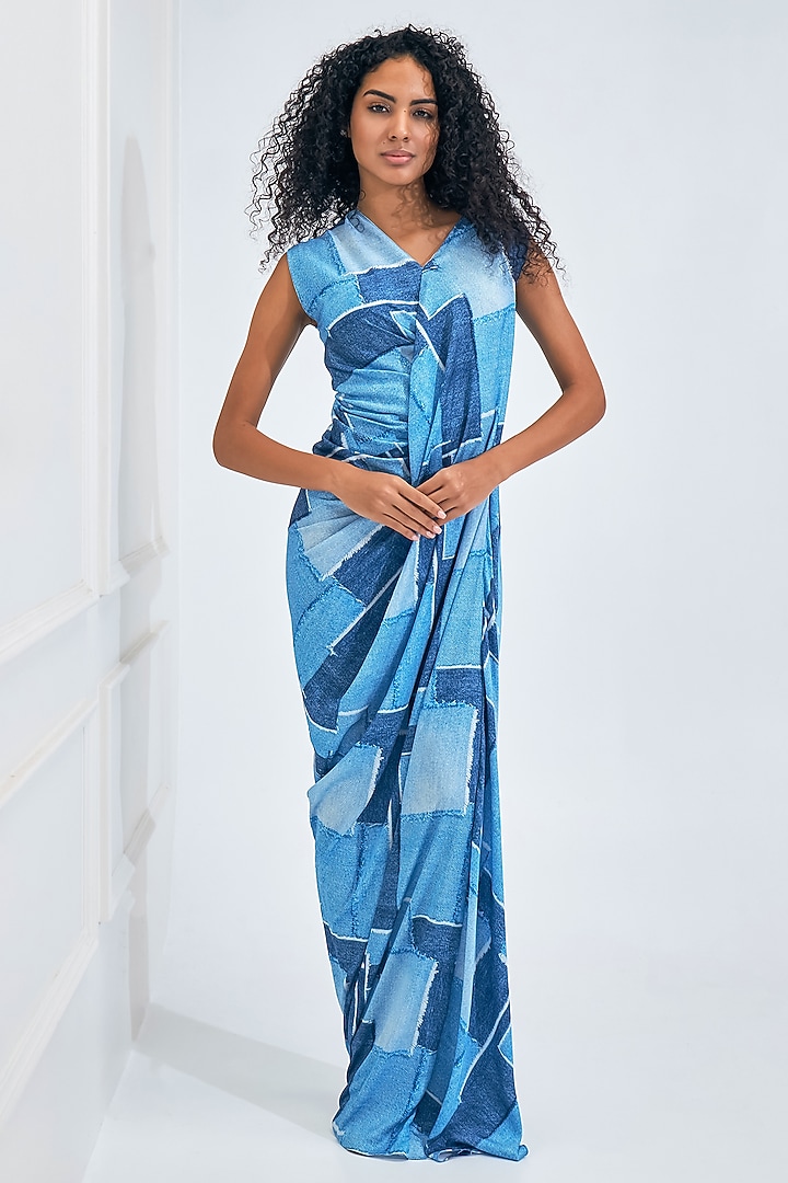 Blue & White Satin Digital Printed Draped Gown by NA-KA at Pernia's Pop Up Shop
