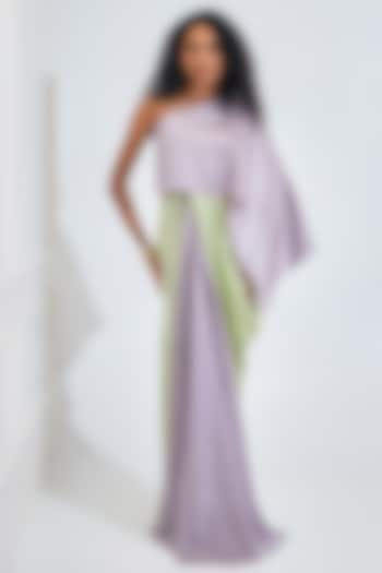 Lilac & Mint Green Moss Satin Draped Flared Gown by NA-KA at Pernia's Pop Up Shop