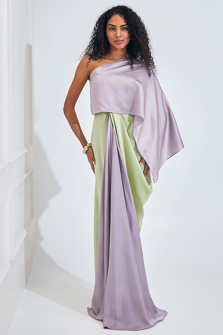 Lilac & Mint Green Moss Satin Draped Flared Gown by NA-KA at Pernia's Pop Up Shop