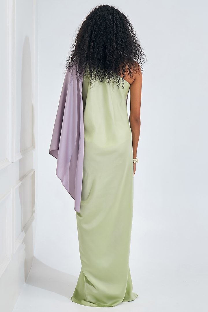 Lilac & Mint Green Moss Satin Draped Flared Gown by NA-KA at Pernia's Pop Up Shop