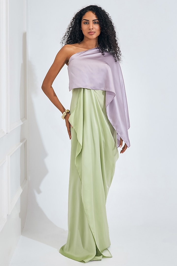 Lilac & Mint Green Moss Satin Draped Flared Gown by NA-KA at Pernia's Pop Up Shop